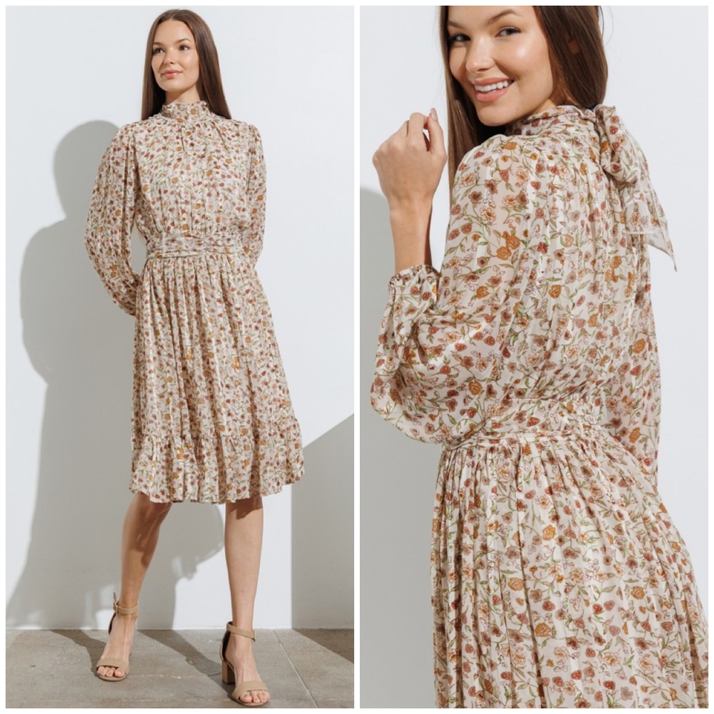 POLAGRAM Beige Floral Long Sleeves Mock Neck Midi Dress - Picture 1 of 5